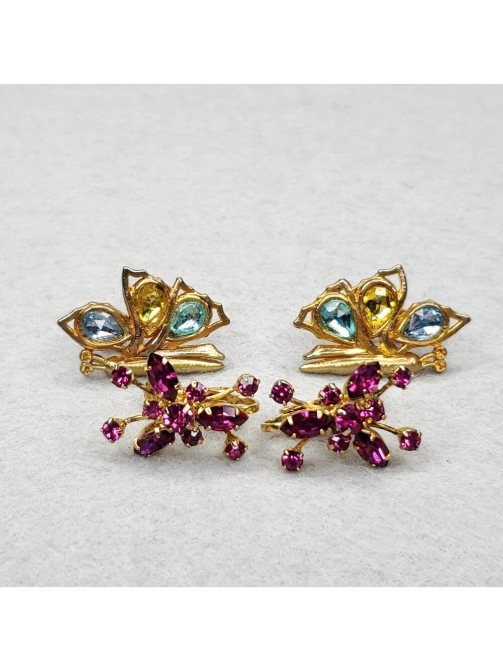 Vintage Butterfly Earrings Rhinestones Gold Tone Screw Back 2 Pair
